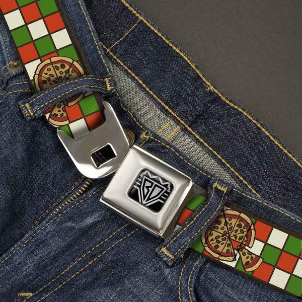 Buckle Down BD Wings Logo CLOSE-UP Full Color Black Silver Seatbelt Belt - Pizza Pies Webbing