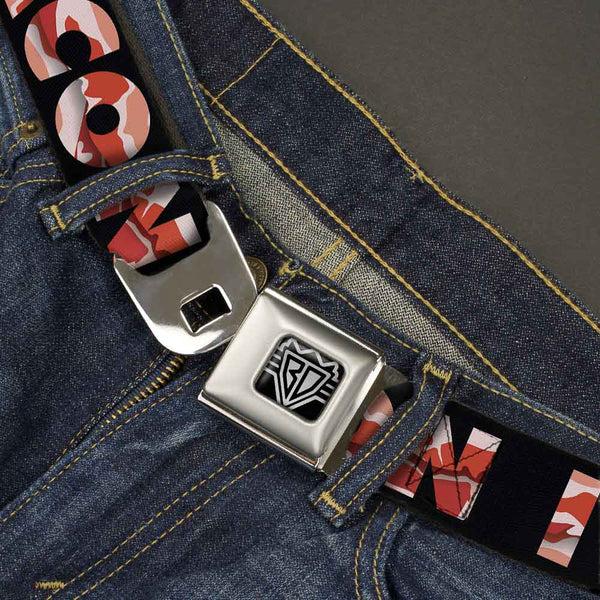 Buckle Down BD Wings Logo CLOSE-UP Full Color Black Silver Seatbelt Belt - I "Heart" BACON Black/Bacon Webbing