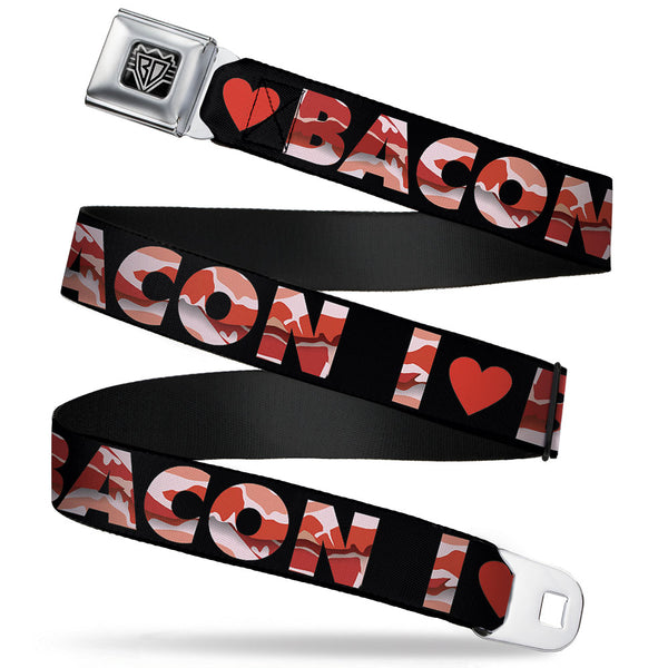 buckle down BD Wings Logo CLOSE-UP Full Color Black Silver Seatbelt Belt - I "Heart" BACON Black/Bacon Webbing