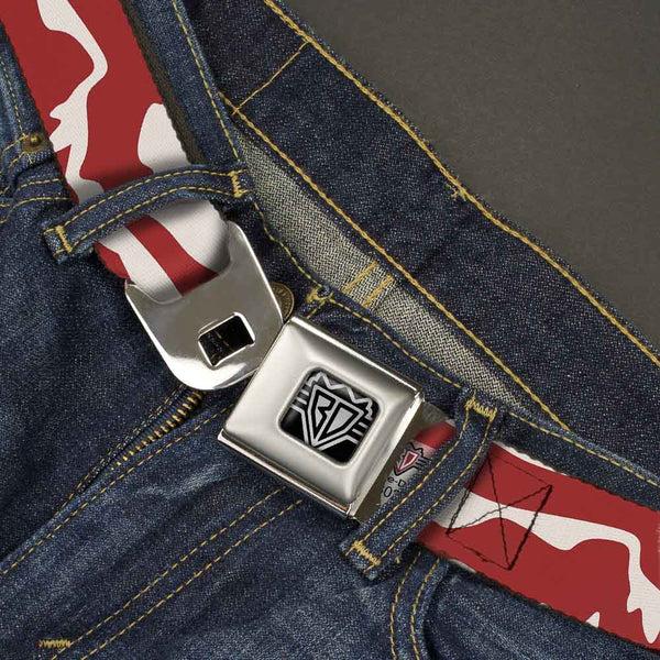 Buckle Down BD Wings Logo CLOSE-UP Full Color Black Silver Seatbelt Belt - Bacon CLOSE-UP Webbing