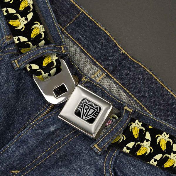 Buckle Down BD Wings Logo CLOSE-UP Full Color Black Silver Seatbelt Belt - Banana Peeled W/Sunglasses Black/Yellow Webbing