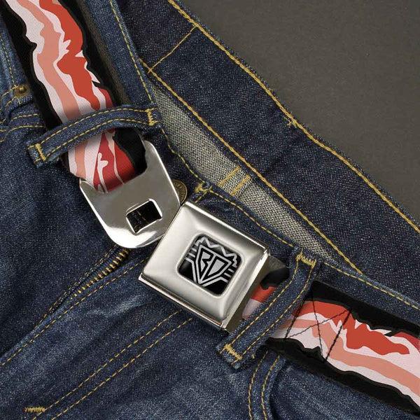Buckle Down BD Wings Logo CLOSE-UP Full Color Black Silver Seatbelt Belt - Bacon Webbing