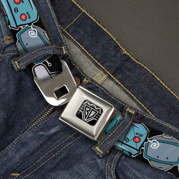 Buckle Down BD Wings Logo CLOSE-UP Full Color Black Silver Seatbelt Belt - Robots CLOSE-UP Black Webbing