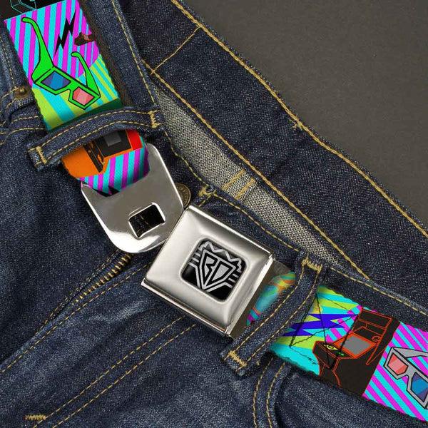 Buckle Down BD Wings Logo CLOSE-UP Full Color Black Silver Seatbelt Belt - Eighties Arcade Multi Neon Stripes Webbing