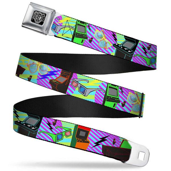 buckle down BD Wings Logo CLOSE-UP Full Color Black Silver Seatbelt Belt - Eighties Arcade Multi Neon Stripes Webbing