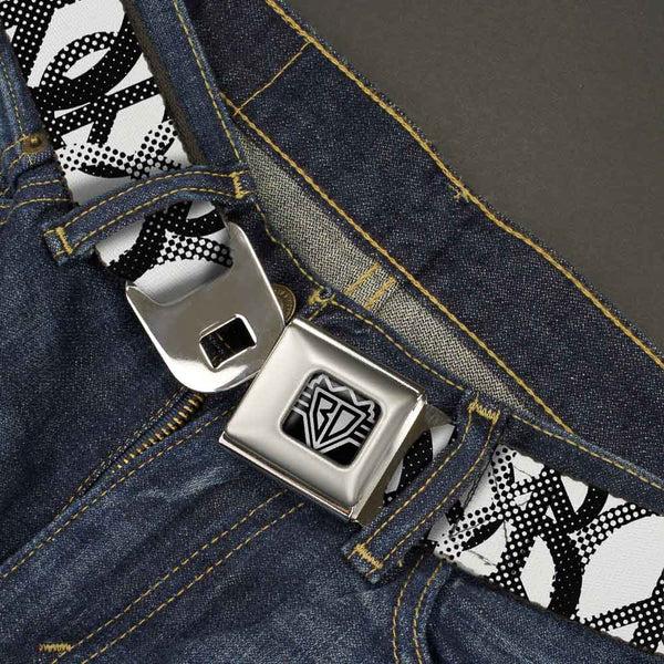 Buckle Down BD Wings Logo CLOSE-UP Full Color Black Silver Seatbelt Belt - Peace Dots White/Black Webbing