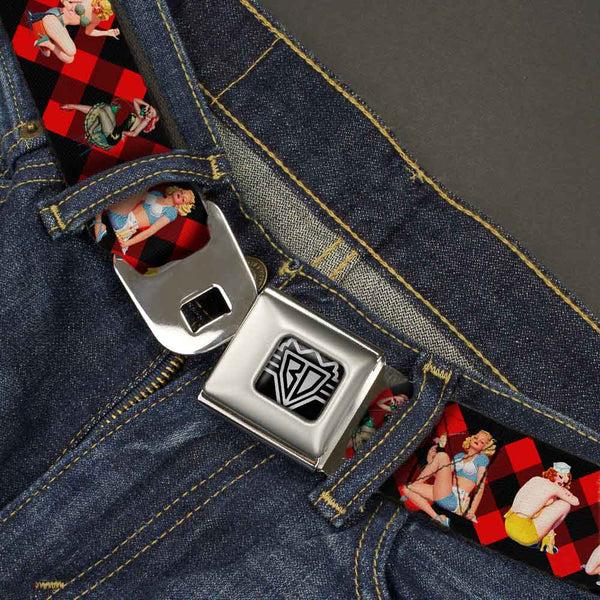 Buckle Down BD Wings Logo CLOSE-UP Full Color Black Silver Seatbelt Belt - Pin Up Girl Poses Buffalo Plaid Blocks Black/Red Webbing