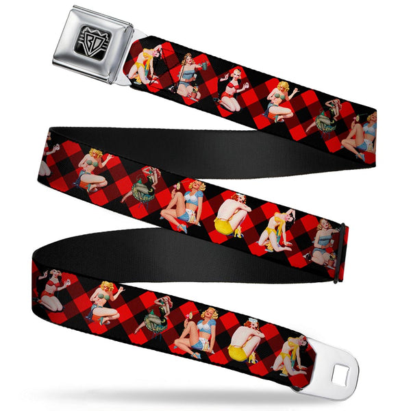 buckle down BD Wings Logo CLOSE-UP Full Color Black Silver Seatbelt Belt - Pin Up Girl Poses Buffalo Plaid Blocks Black/Red Webbing