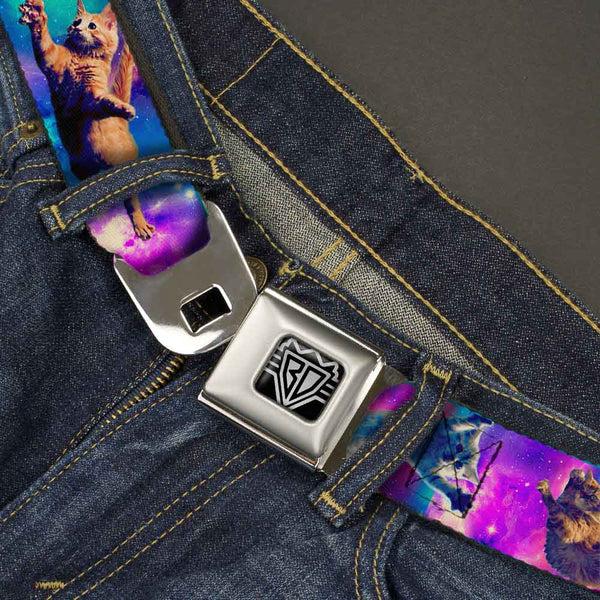 Buckle Down BD Wings Logo CLOSE-UP Full Color Black Silver Seatbelt Belt - Cats In Space Pinks/Blues Webbing