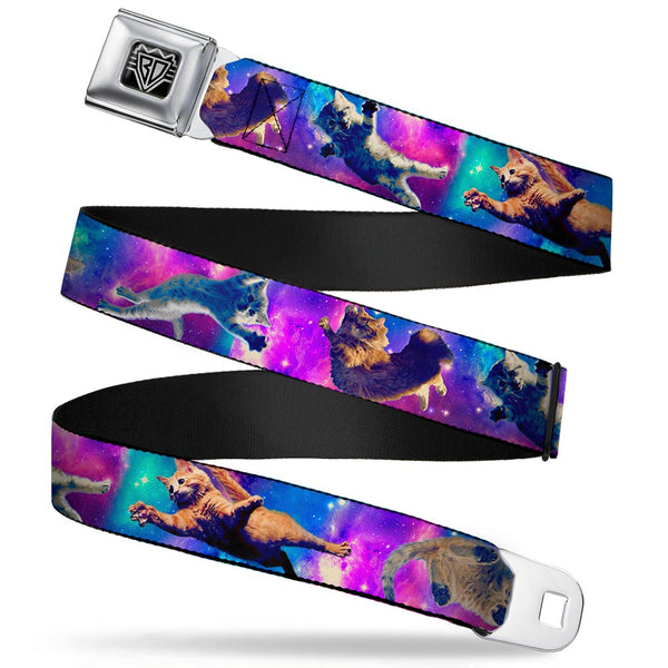buckle down BD Wings Logo CLOSE-UP Full Color Black Silver Seatbelt Belt - Cats in Space Pinks/Blues Webbing