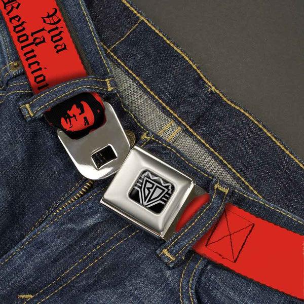 Buckle Down BD Wings Logo CLOSE-UP Full Color Black Silver Seatbelt Belt - Che Red/Black Webbing