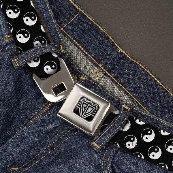 Buckle Down BD Wings Logo CLOSE-UP Full Color Black Silver Seatbelt Belt - Yin Yang Monogram Black/White Webbing