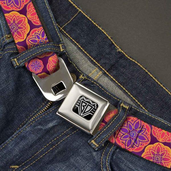 Buckle Down BD Wings Logo CLOSE-UP Full Color Black Silver Seatbelt Belt - Boho Mandala Purples/Oranges/Pinks Webbing