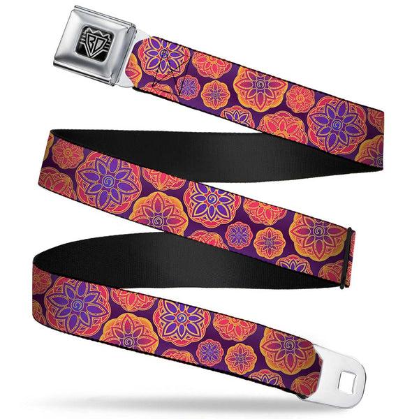 buckle down BD Wings Logo CLOSE-UP Full Color Black Silver Seatbelt Belt - Boho Mandala Purples/Oranges/Pinks Webbing