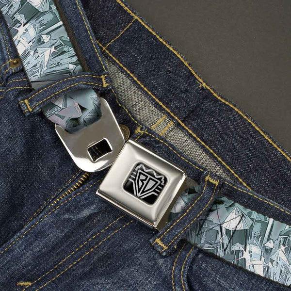 Buckle Down BD Wings Logo CLOSE-UP Full Color Black Silver Seatbelt Belt - Crystals3 Clear Webbing
