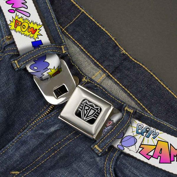 Buckle Down BD Wings Logo CLOSE-UP Full Color Black Silver Seatbelt Belt - Sound Effects White/Pastel Webbing