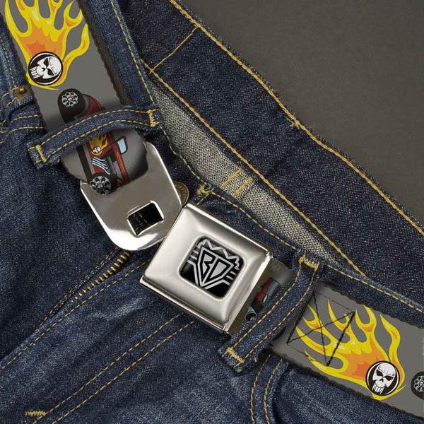 Buckle Down BD Wings Logo CLOSE-UP Full Color Black Silver Seatbelt Belt - Hot Rod W/Flame Skull Webbing