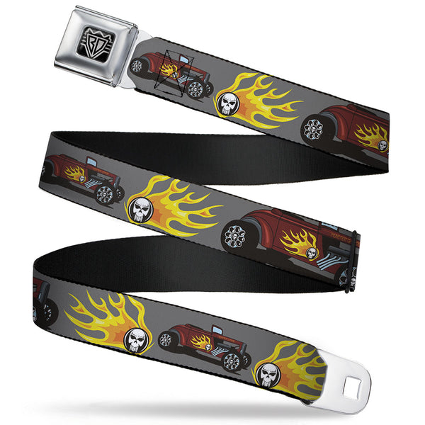 buckle down BD Wings Logo CLOSE-UP Full Color Black Silver Seatbelt Belt - Hot Rod w/Flame Skull Webbing