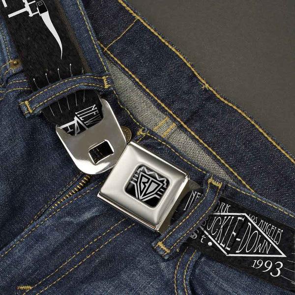 Buckle Down BD Wings Logo CLOSE-UP Full Color Black Silver Seatbelt Belt - BD AUTHENTIC SEATBELT BELT NY-LA Black/White Webbing