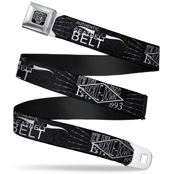 buckle down BD Wings Logo CLOSE-UP Full Color Black Silver Seatbelt Belt - BD AUTHENTIC SEATBELT BELT NY-LA Black/White Webbing