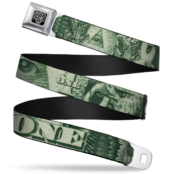 buckle down BD Wings Logo CLOSE-UP Full Color Black Silver Seatbelt Belt - One Dollar Bill Eye of Providence/Bald Eagle CLOSE-UP Webbing