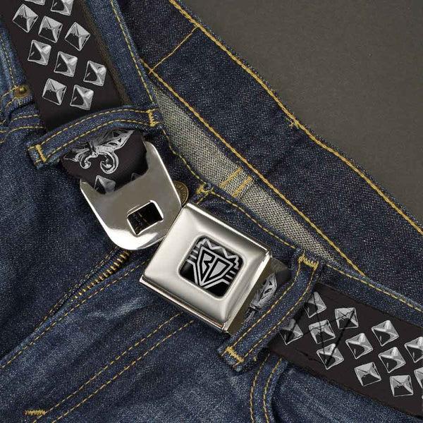 Buckle Down BD Wings Logo CLOSE-UP Full Color Black Silver Seatbelt Belt - Fleur-de-Lis/Studs Black/Grays Webbing