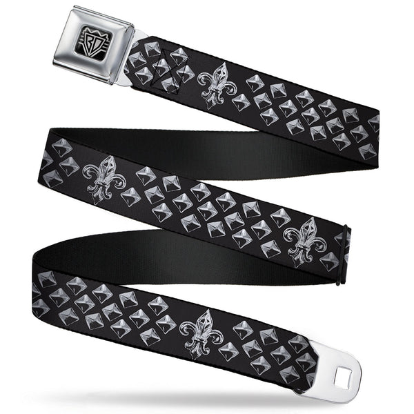 buckle down BD Wings Logo CLOSE-UP Full Color Black Silver Seatbelt Belt - Fleur-de-Lis/Studs Black/Grays Webbing