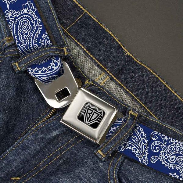 Buckle Down BD Wings Logo CLOSE-UP Full Color Black Silver Seatbelt Belt - Paisley Blue/White Webbing