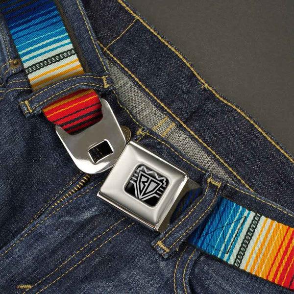 Buckle Down BD Wings Logo CLOSE-UP Full Color Black Silver Seatbelt Belt - Zarape2 Vertical Multi Color Stripe Webbing