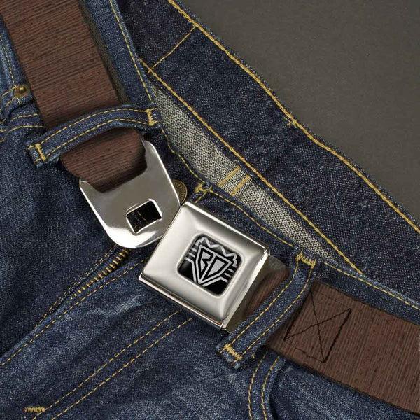 Buckle Down BD Wings Logo CLOSE-UP Full Color Black Silver Seatbelt Belt - Wood Grain Vertical Brown Webbing