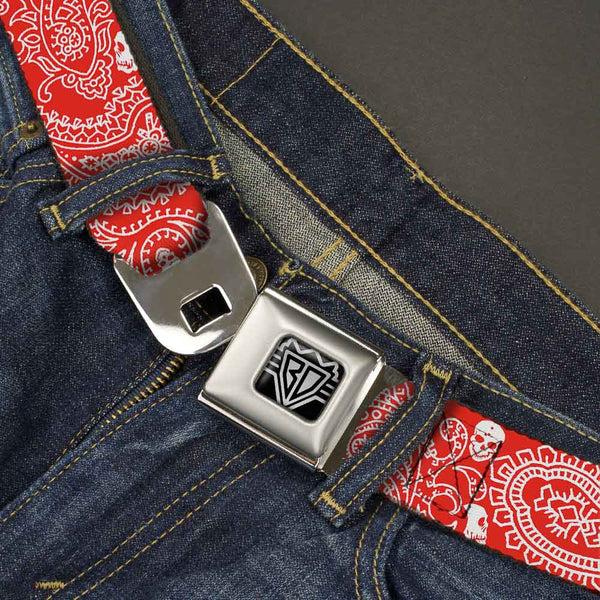 Buckle Down BD Wings Logo CLOSE-UP Full Color Black Silver Seatbelt Belt - Bandana/Skulls Red/White Webbing