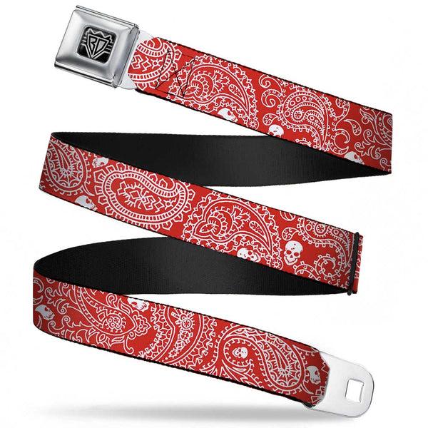 buckle down BD Wings Logo CLOSE-UP Full Color Black Silver Seatbelt Belt - Bandana/Skulls Red/White Webbing