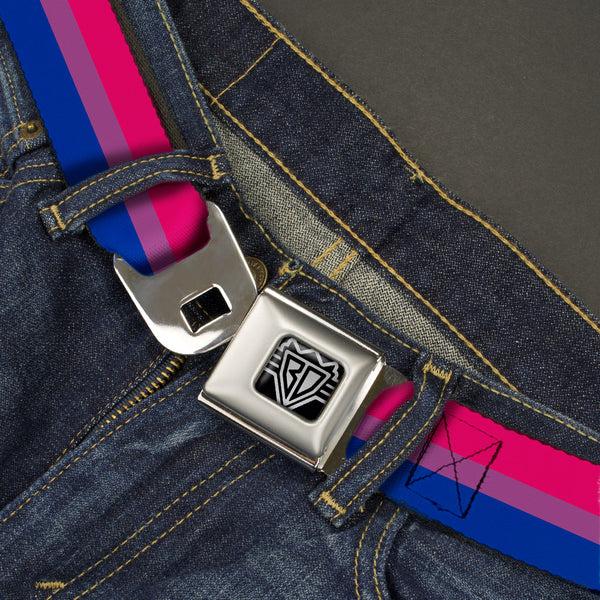 Buckle Down BD Wings Logo CLOSE-UP Full Color Black Silver Seatbelt Belt - Flag Bisexual Pink/Purple/Blue Webbing