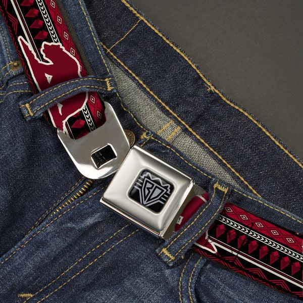 Buckle Down BD Wings Logo CLOSE-UP Full Color Black Silver Seatbelt Belt - CALI BEAR/AZTEC4 BLACK/DARK REDS/CREAM Webbing