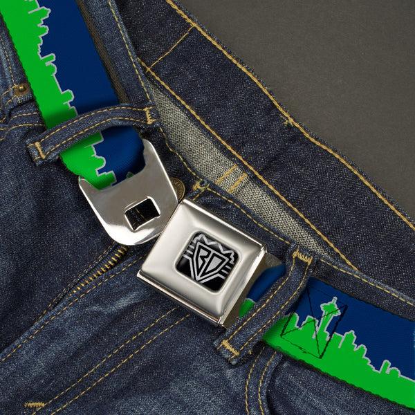 Buckle Down BD Wings Logo CLOSE-UP Full Color Black Silver Seatbelt Belt - Seattle Skyline Navy/Gray/Green Webbing