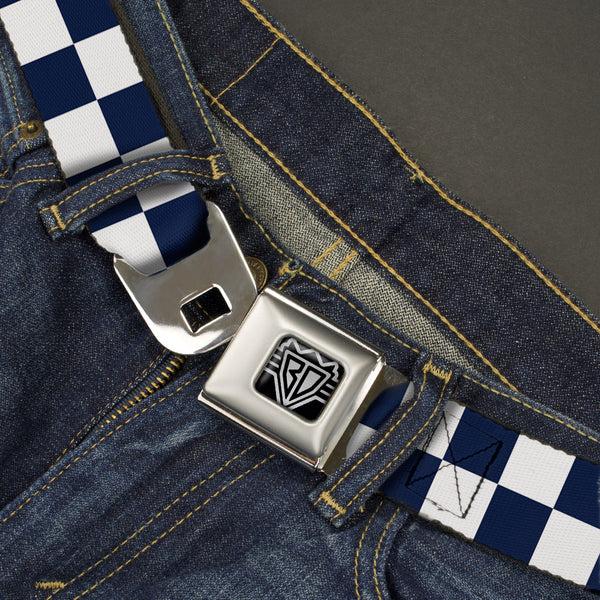 Buckle Down BD Wings Logo CLOSE-UP Full Color Black Silver Seatbelt Belt - Checker Midnight Blue/White Webbing