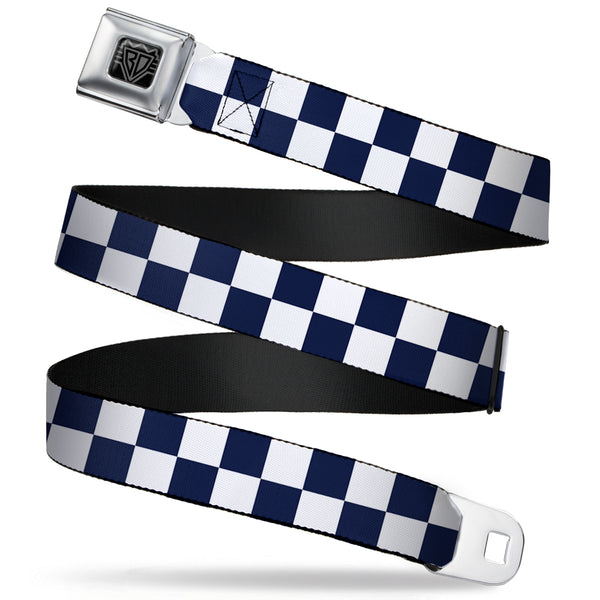 buckle down BD Wings Logo CLOSE-UP Full Color Black Silver Seatbelt Belt - Checker Midnight Blue/White Webbing