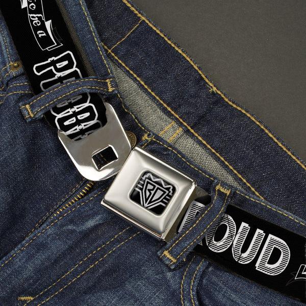 Buckle Down BD Wings Logo CLOSE-UP Full Color Black Silver Seatbelt Belt - PROUD TO BE A PROBLEM Black/White Webbing
