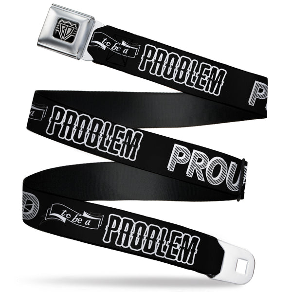 buckle down BD Wings Logo CLOSE-UP Full Color Black Silver Seatbelt Belt - PROUD TO BE A PROBLEM Black/White Webbing