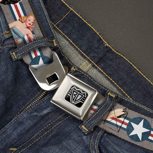 Buckle Down BD Wings Logo CLOSE-UP Full Color Black Silver Seatbelt Belt - Pin Up Girl Poses CLOSE-UP Star & Stripes Gray/Blue/White/Red Webbing