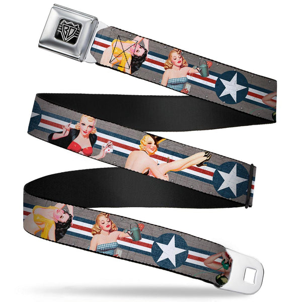 buckle down BD Wings Logo CLOSE-UP Full Color Black Silver Seatbelt Belt - Pin Up Girl Poses CLOSE-UP Star & Stripes Gray/Blue/White/Red Webbing