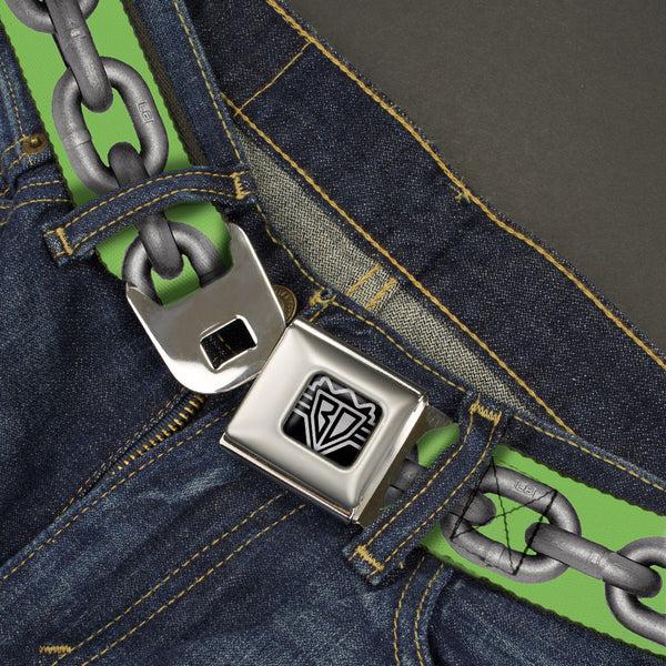 Buckle Down BD Wings Logo CLOSE-UP Full Color Black Silver Seatbelt Belt - Metal Chain Green/Gray Webbing
