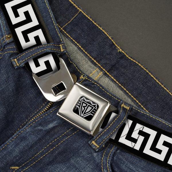 Buckle Down BD Wings Logo CLOSE-UP Full Color Black Silver Seatbelt Belt - Greek Key Black/White Webbing
