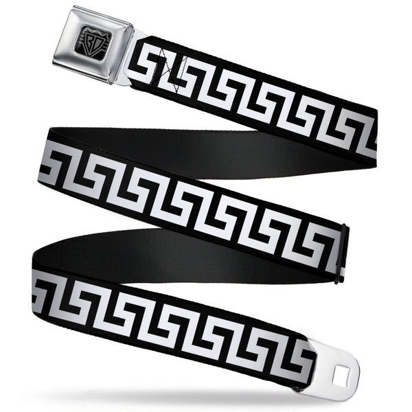 buckle down BD Wings Logo CLOSE-UP Full Color Black Silver Seatbelt Belt - Greek Key Black/White Webbing