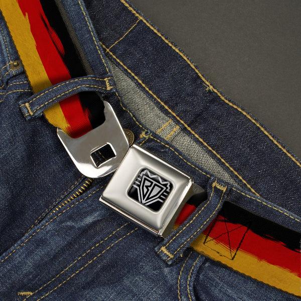 Buckle Down BD Wings Logo CLOSE-UP Full Color Black Silver Seatbelt Belt - German Flag Stripes Distressed Painting Webbing