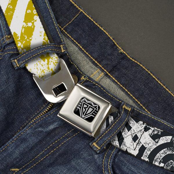 Buckle Down BD Wings Logo CLOSE-UP Full Color Black Silver Seatbelt Belt - Grunge Chaos2 White/Blue-Yellow Fade Webbing
