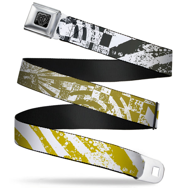 buckle down BD Wings Logo CLOSE-UP Full Color Black Silver Seatbelt Belt - Grunge Chaos2 White/Blue-Yellow Fade Webbing