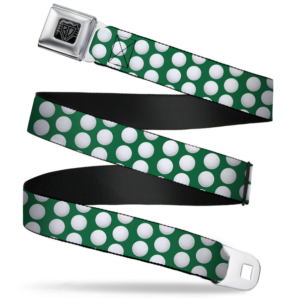 buckle down BD Wings Logo CLOSE-UP Full Color Black Silver Seatbelt Belt - Golf Balls Green/White Webbing