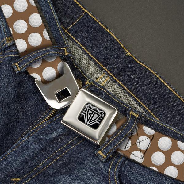 Buckle Down BD Wings Logo CLOSE-UP Full Color Black Silver Seatbelt Belt - Golf Balls Tan/White Webbing