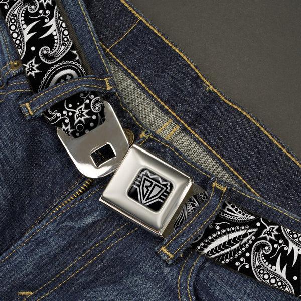 Buckle Down BD Wings Logo CLOSE-UP Full Color Black Silver Seatbelt Belt - Floral Paisley3 Black/White Webbing